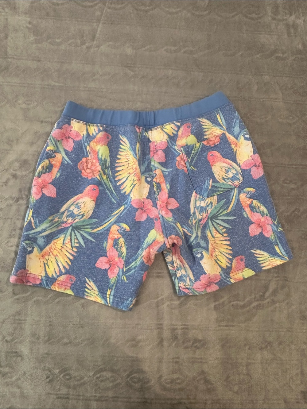 Chubbies Mens Sweat Shorts XL Blue Tropical Bird Floral Missing Drawstring